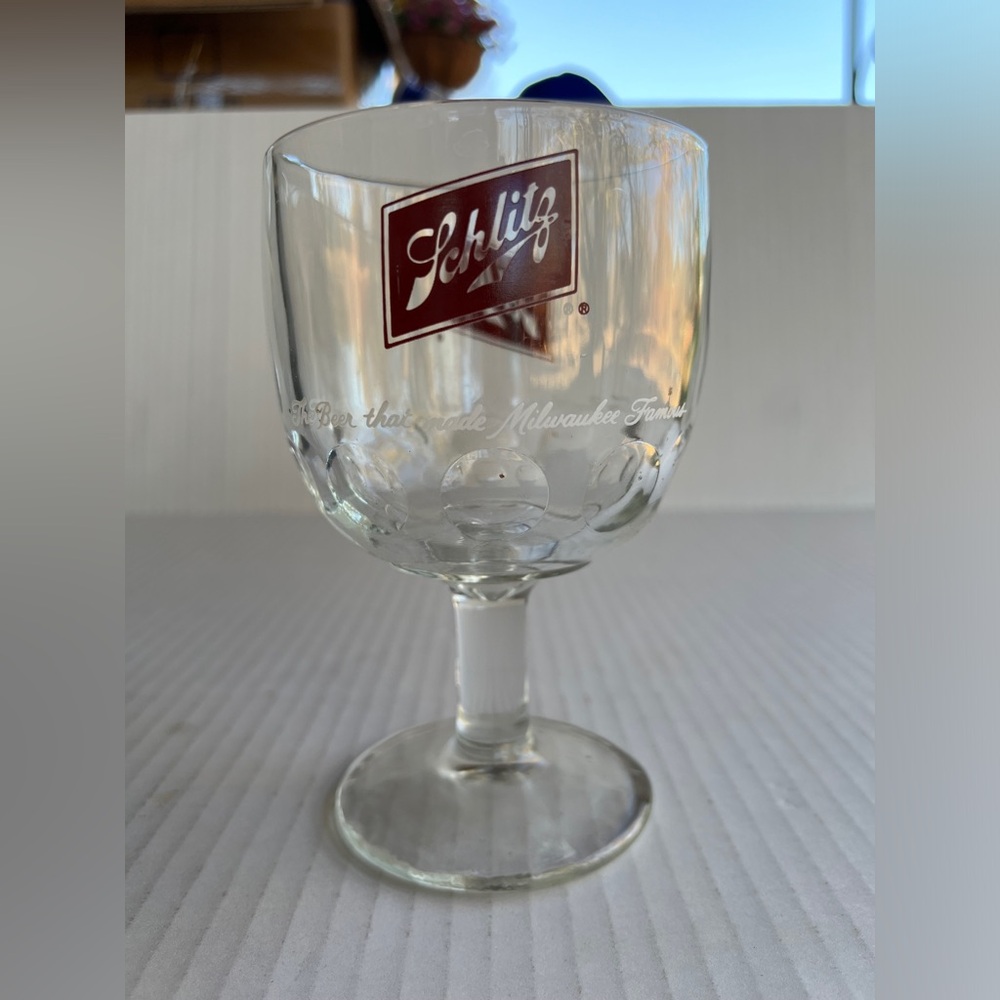 Schlitz Beer Stemmed Thumbprint Heavy Goblet Glass Vintage 6" 1970s